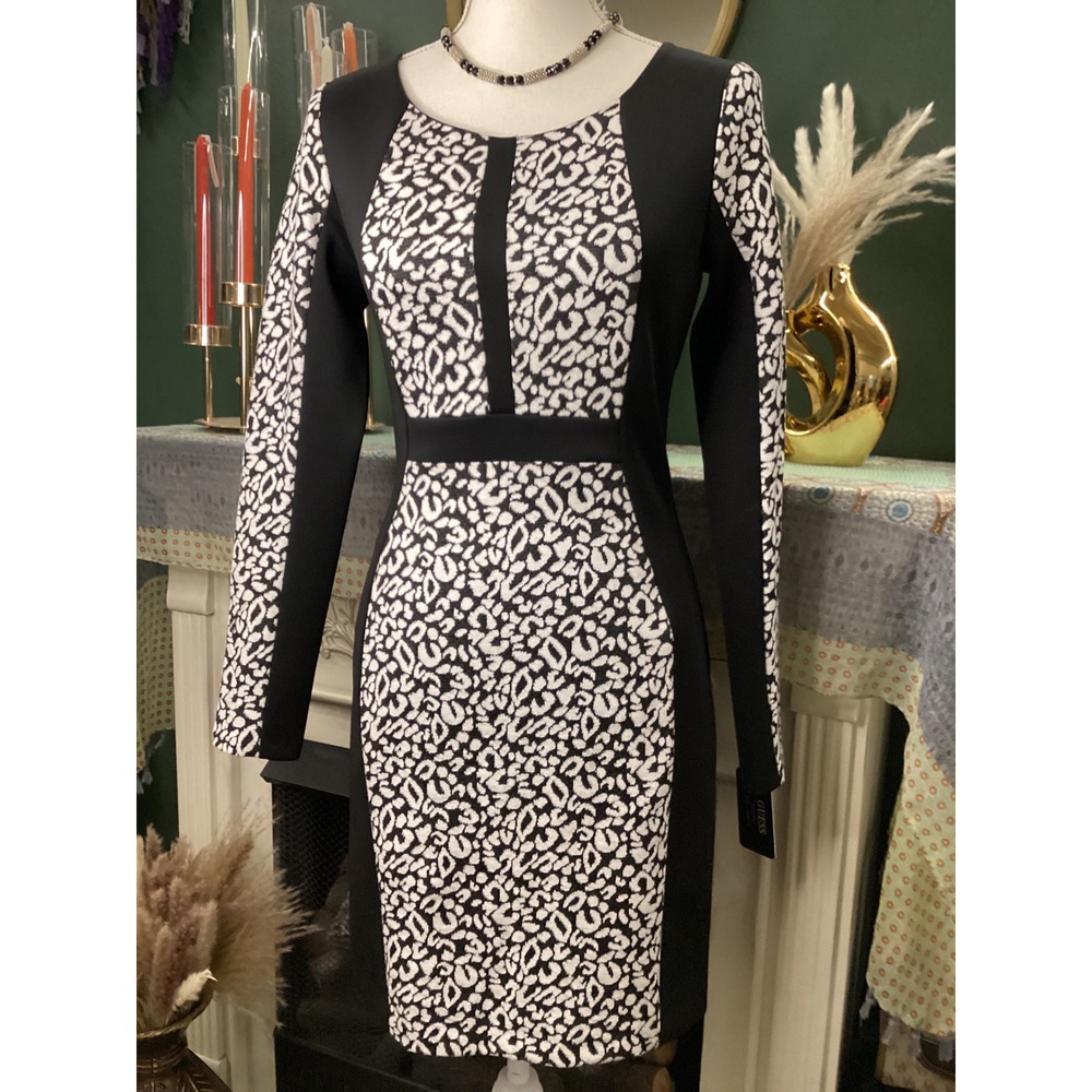 GUESS‎ Mori Leopard Print Sheath Dress Black White Long Sleeve Size 4